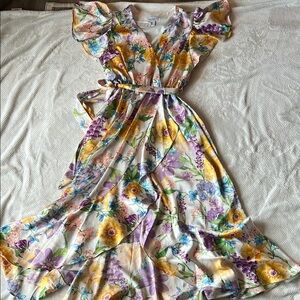 Floral Faux Wrap Maxi Dress with Belt